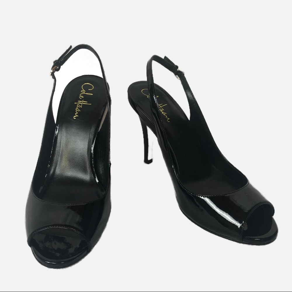Cole Haan Nike Air Black Patent Leather Stiletto Peep Toe Sling Back Heel Pumps